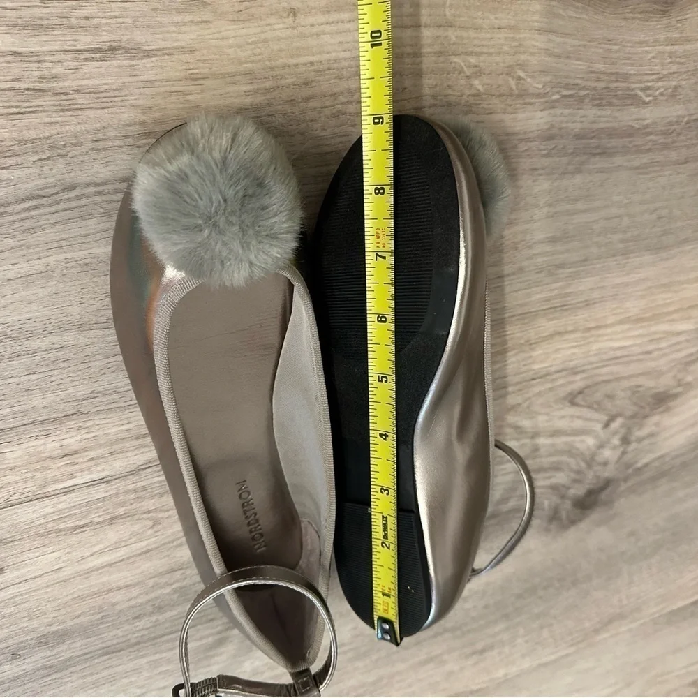 Nordstrom Bella Pom Pom Ankle Strap Flats Girls Size 5 Gray